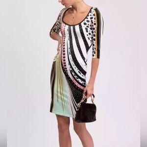 JUST CAVALLI Print Fantasy Midi Dress IT42 / US M 3/4 Sleeve Art NWT